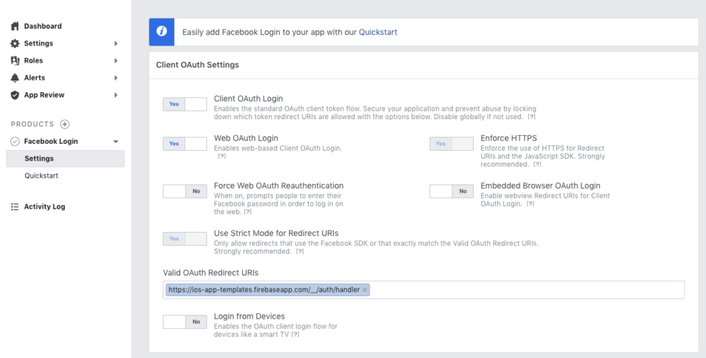 swift facebook settings