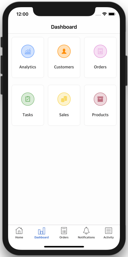 dashboard ios app template categories screen swift iphone
