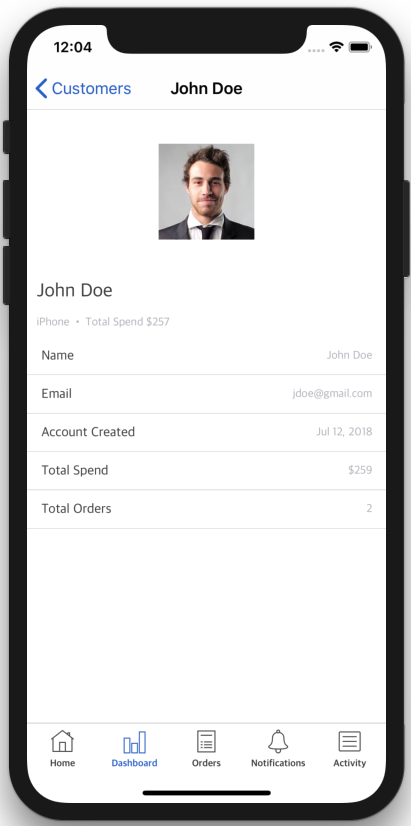 dashboard ios app template customer details screen swift iphone