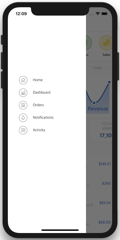 dashboard ios app template sidebar menu navigation screen swift iphone