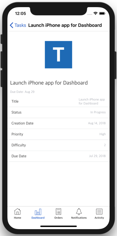 dashboard ios app template task details screen swift iphone