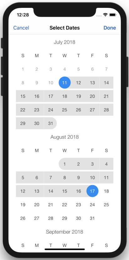 dashboard iphone app template date range selector calendar swift