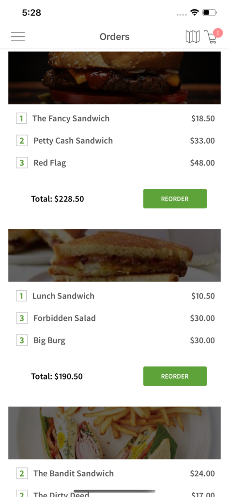 Food apps like Uber Eats, Doordash have a prominent 'Repeat order' button inside customer accounts section